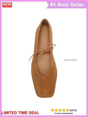 Square Toe Lace Up Ballet Flats Faux Suede Flexible Ballerina Shoes